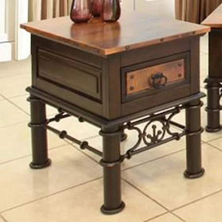 Single Drawer Chairside Table with Copper Top and Drawer, hand Forged Iron Base and Nail Head Trim